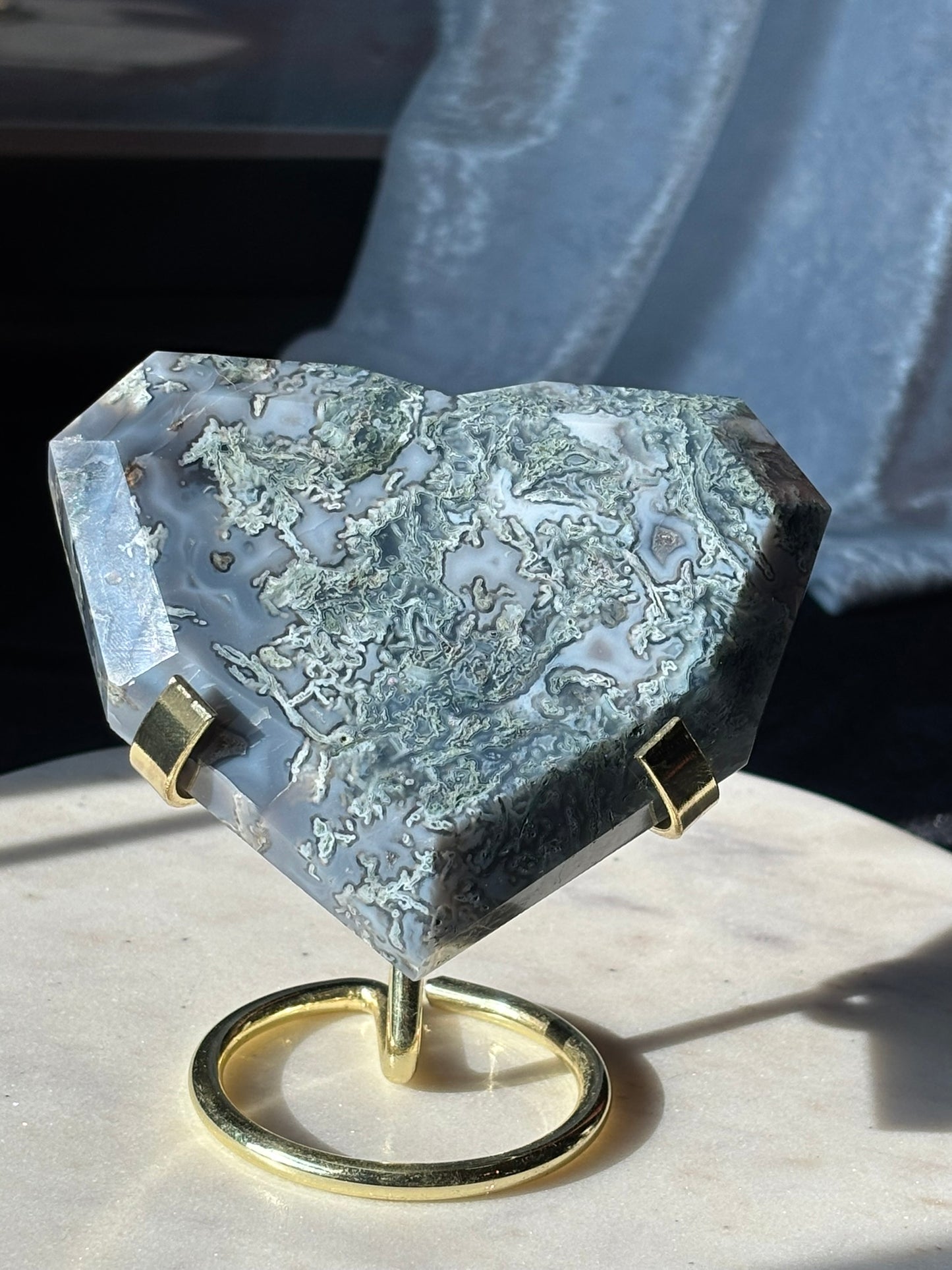 Moss Agate Heart in Stand