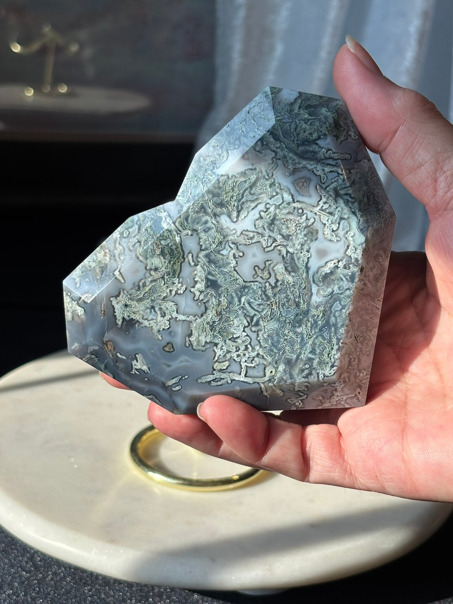 Moss Agate Heart in Stand
