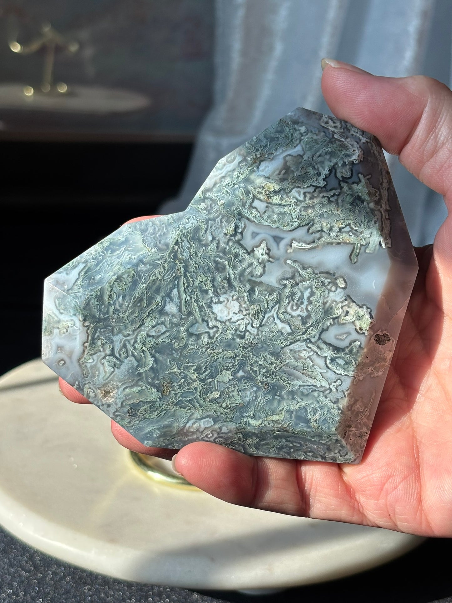 Moss Agate Heart in Stand