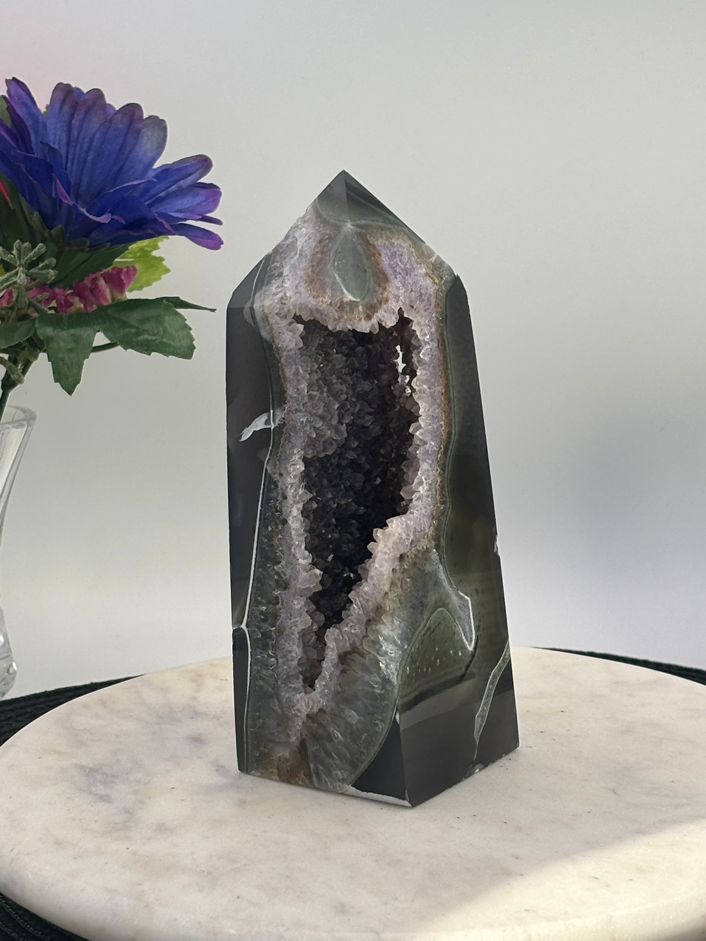 Black Agate Druzy Greenish Tower