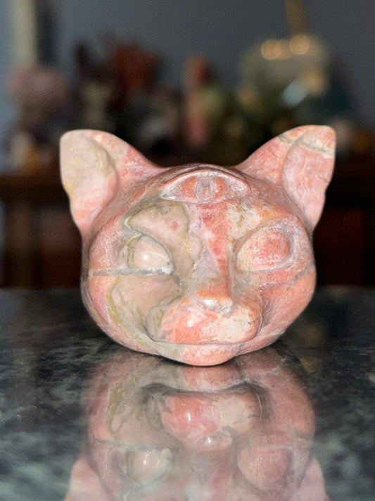 Peruvian Rhodonite Cat Head Carving