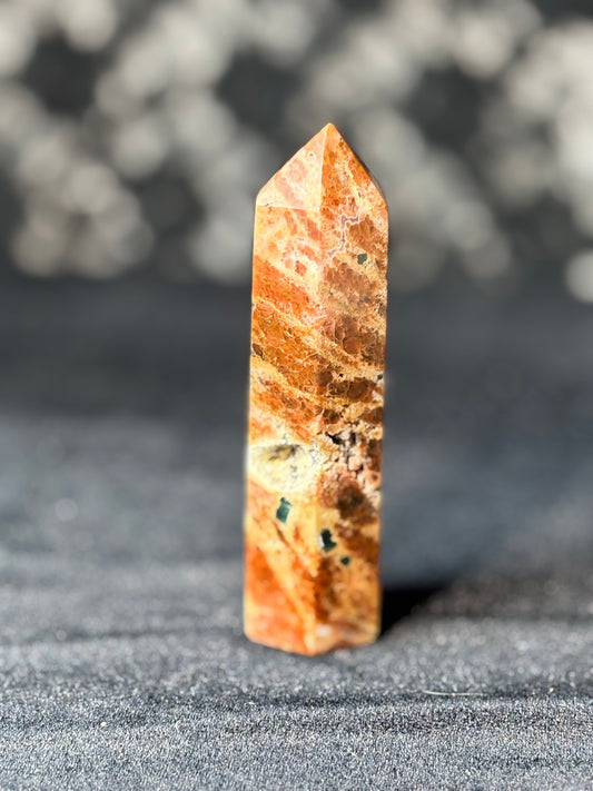 Orange Calcite w. Blue Apatite Tower