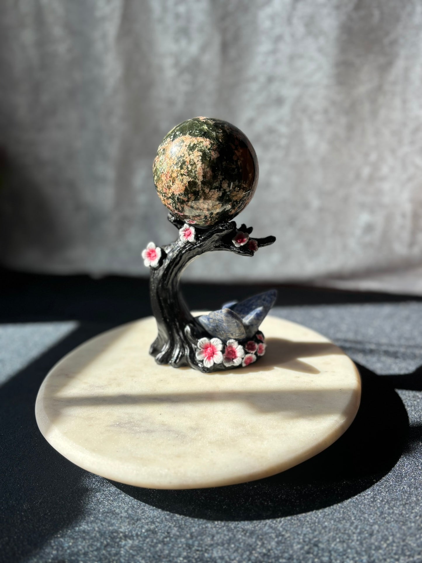 Green Tourmaline with Sunstone Sphere 2.8