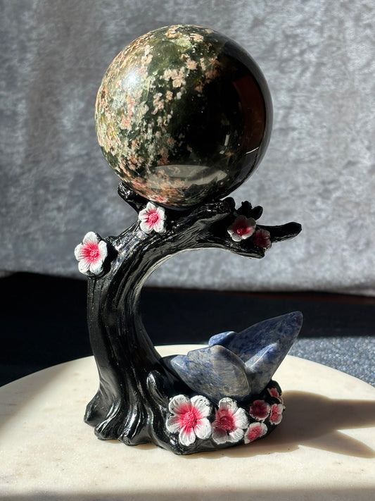 Green Tourmaline with Sunstone Sphere 2.8