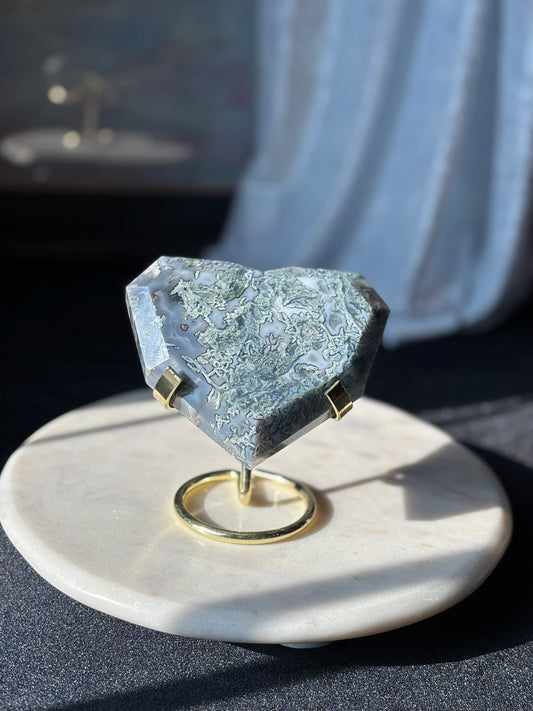 Moss Agate Heart in Stand