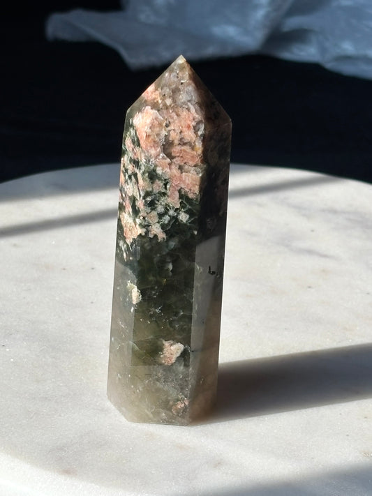 Green Tourmaline with Sunstone Tower