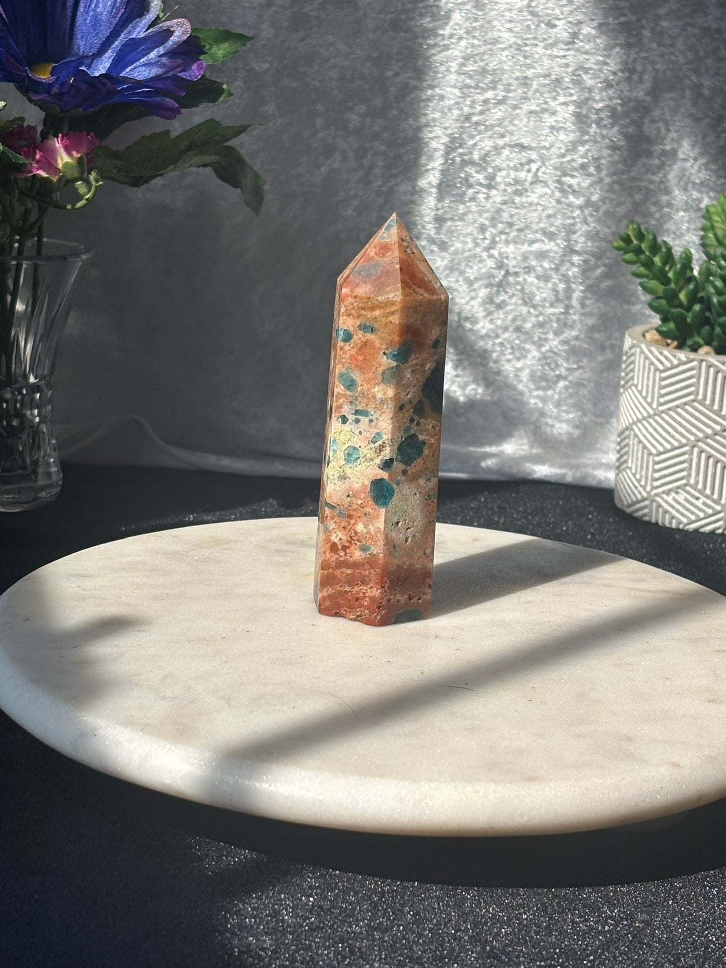 Orange Calcite w/ Blue Apatite Tower
