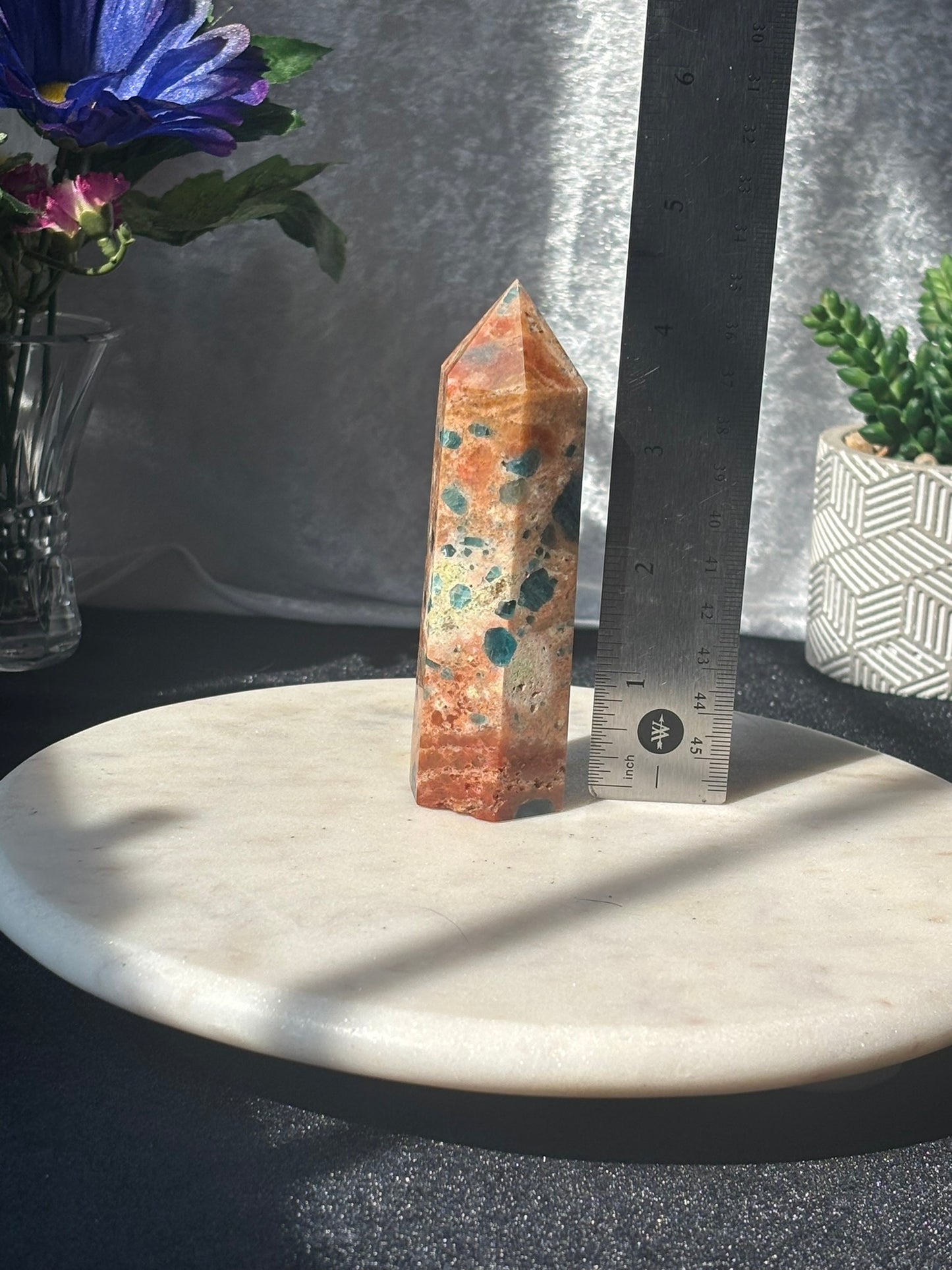 Orange Calcite w/ Blue Apatite Tower