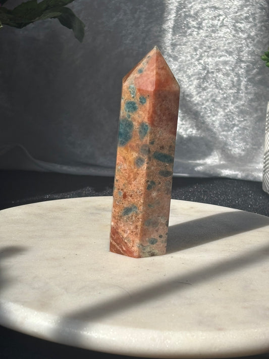 Orange Calcite w/ Blue Apatite Tower