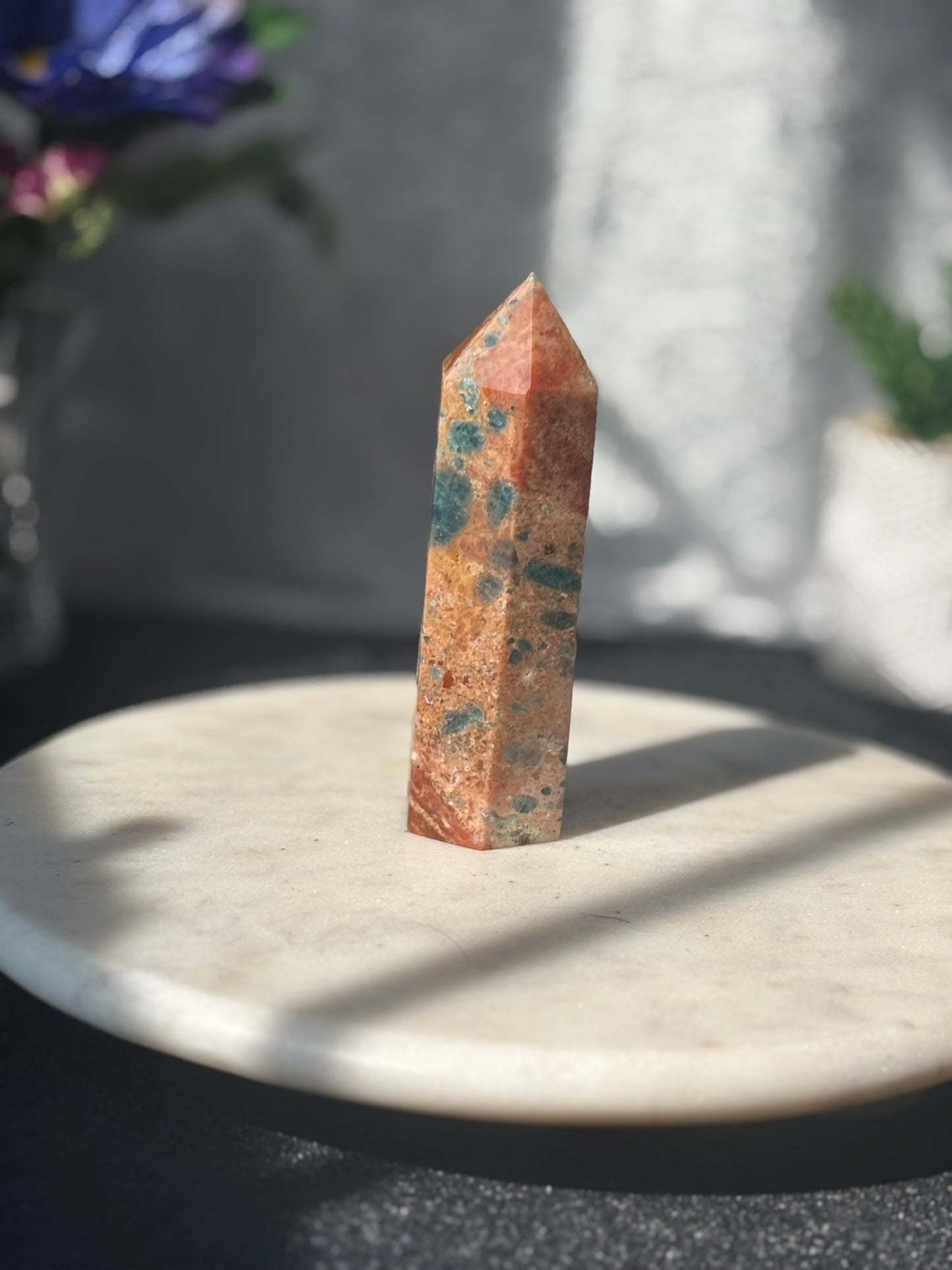 Orange Calcite w/ Blue Apatite Tower