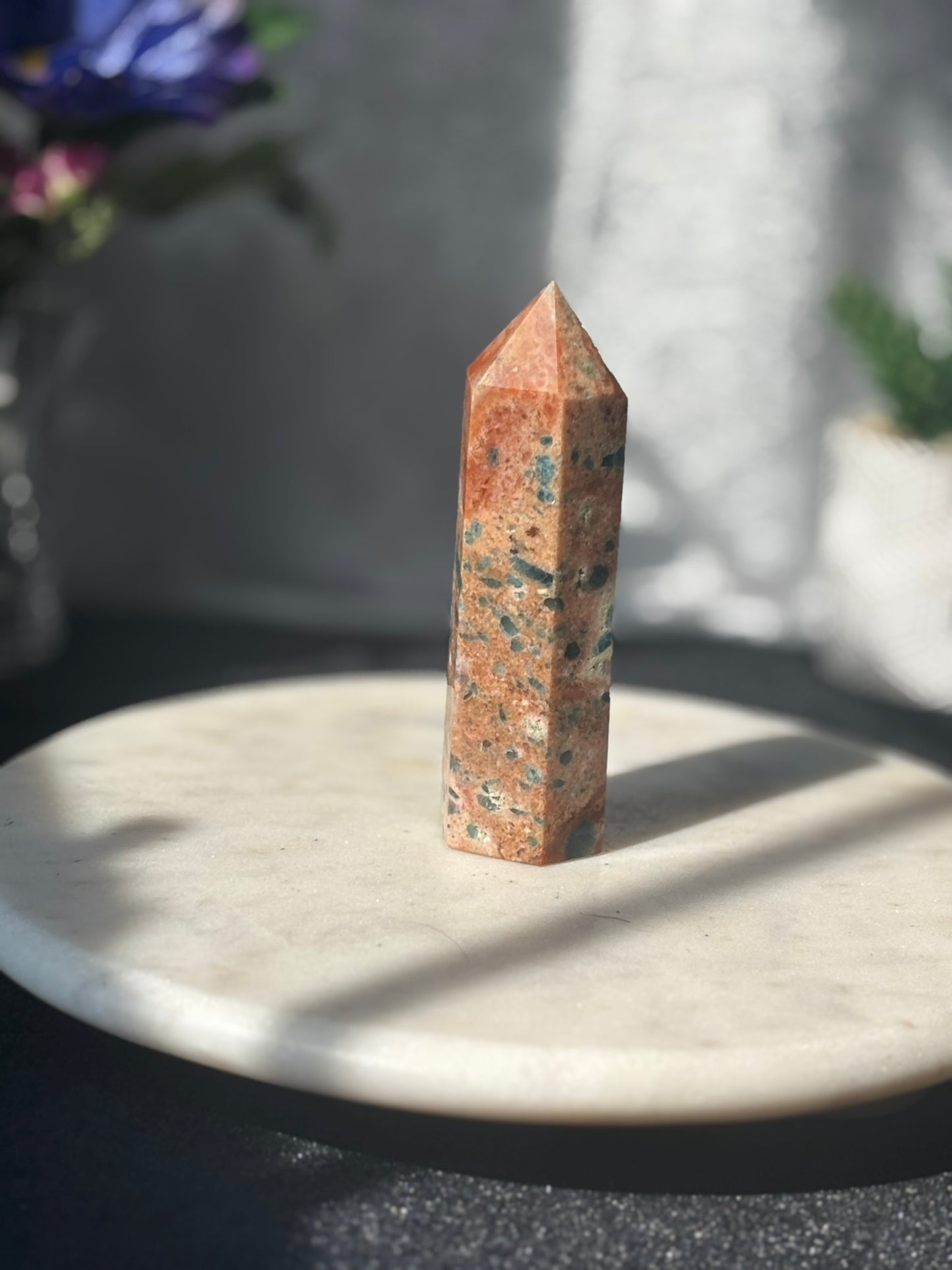 Orange Calcite w/ Blue Apatite Tower